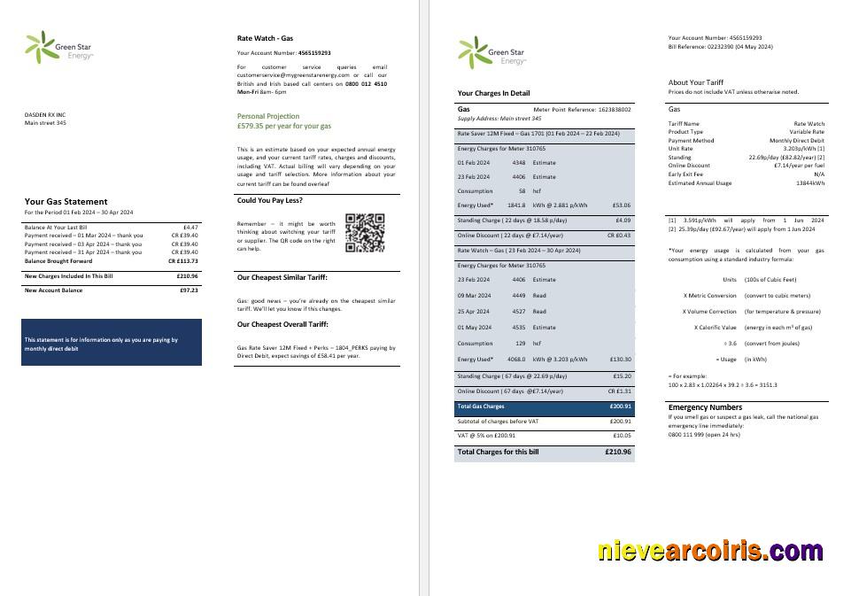 United Kingdom Green Star Energy energy business utility bill, 3 pages